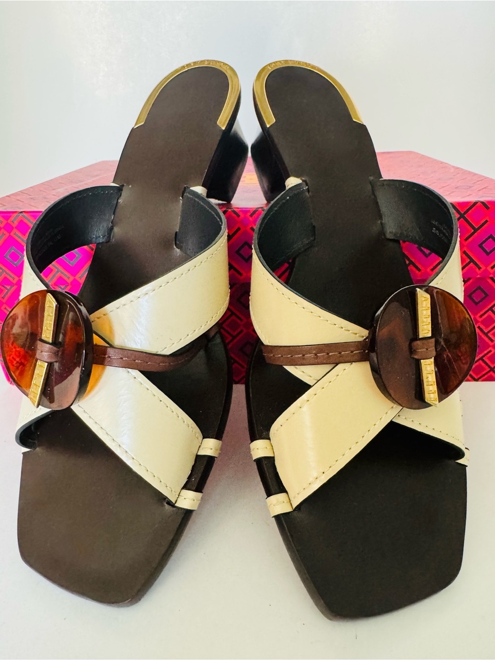 NWOT Tory Burch Artisanal Knotted Heeled Mules Cream Brown Tortoiseshell Size11 - Picture 2 of 5
